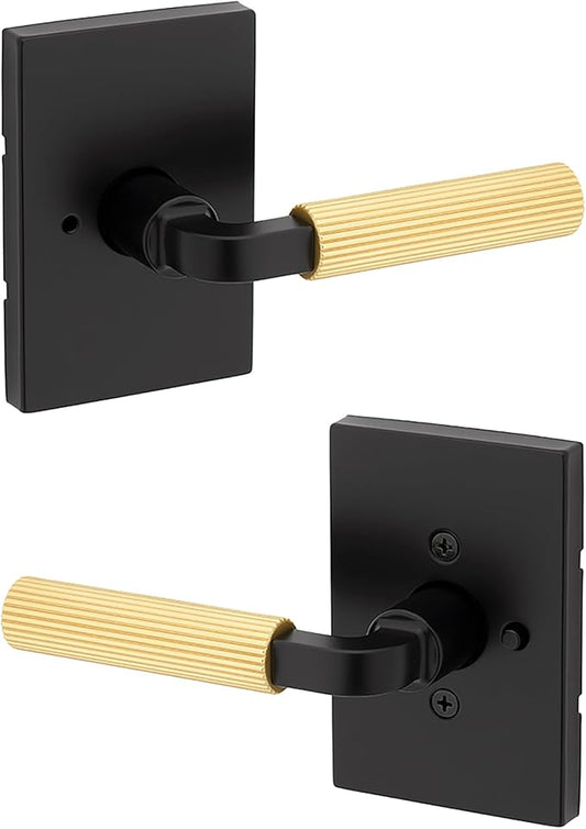 Kwikset Mirada Reeded Interior Privacy Door Handle with Lock, Handle for Bathroom and Bedroom, Matte Black Satin Brass, Reversible Keyless Push Button Lock, with Microban Protection