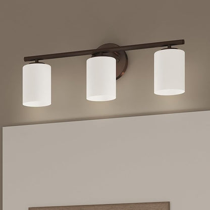 Progress Lighting Replay Collection 3 Light Bathroom Vanity Light, Modern Bath Lighting Fixture with Etched White Glass Shades for Over the Mirror, Reversible Mounting, Antique Bronze