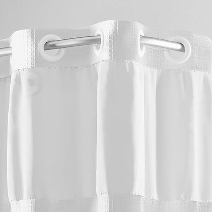 Hookless It’s A Snap! Waffle Shower Curtain, 3-in-1 Curtain Includes Fabric Shower Curtain with Sheer Top Window, Flex-On Rings & Fabric Liner with Magnets, 71” x 74”, White