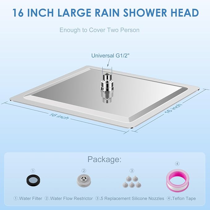 16 inch Large Rain Shower Head Ceiling Mounted - All Metal 304 Stainless Steel, Full Body Rainfall Shower with 324 Silicone Nozzles - Waterfall Bathroom Square Showerheads, Chrome Polished