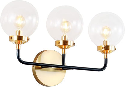 JONATHAN Y 22" Black/Brass Gold 3-Light LED Wall Sconce Vanity Lighting, Clear Glass Globe Shade Modern Contemporary Sconce for Bathroom Mirror, Hallway, UL Listed (JYL9011A)