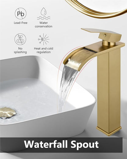 Vessel Sink Faucet Waterfall Tall Bathroom Faucet Single Handle,Single Hole Lavatory Vanity Mixer Tap with Pop Up Drain and Supply Lines,Brushed Gold