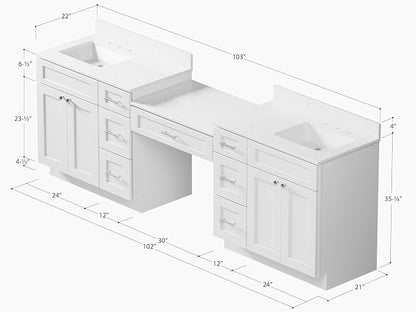 DSR 102'' Double Bathroom Vanity Cabinet with Carrara Quartz Top White Shaker Style Dovetail Drawers Vanity Desk Solid Wood Plywood MDF (102'' with Seven Drawers)