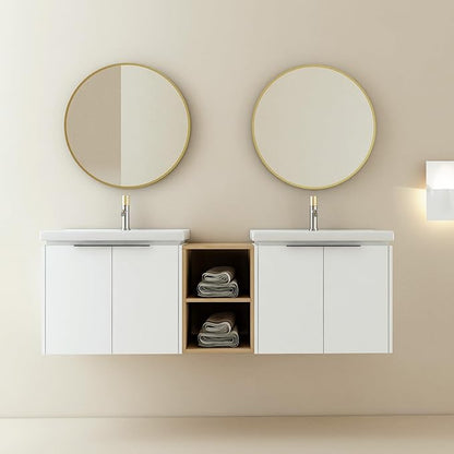 SSLine 60-Inch Double Sink Vanity Modern Wall Mounted Bathroom Vanity with Double Ceramic Sink 60" Large Floating Bathroom Vanities Set with Middle Storage Shelf & 2 Cabinet (White)