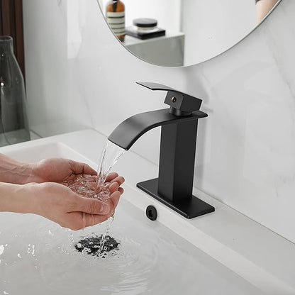 BWE Matte Black Bathroom Faucet Modern Waterfall Single Hole Faucet for Bathroom Sink Single Handle with Pop Up Drain with Overflow Assembly and Supply Line Lavatory Bath Faucet