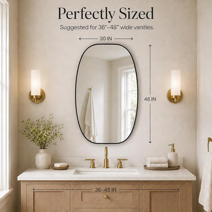 Black Oval Bathroom Mirrors 30x48 Inch | Oblong Vanity Mirror, Crystal-Clear HD Glass, Rust-Proof Aluminum Frame, Elegant Inner-Curved Edge, Modern Contemporary Style