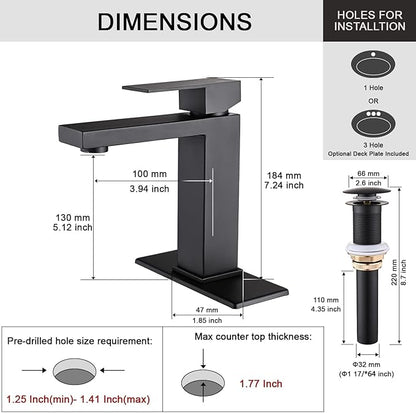 Matte Black Bathroom Faucet, Single Hole Vanity Bath Faucet, Single Handle Modern Stainless Steel Bathroom Faucets for Sink 1 Hole with Pop Up Drain Stopper & Water Supply Hoses
