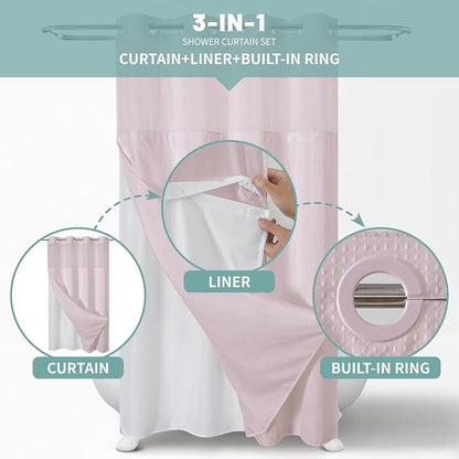 No Hook Waffle Shower Curtain with Snap-in Liner, 54x80 Inch, Blush Pink | 230GSM waffle weave fabric, waterproof liner set with 2 bottom magnets, mesh window, washable, for shower stalls or bathrooms