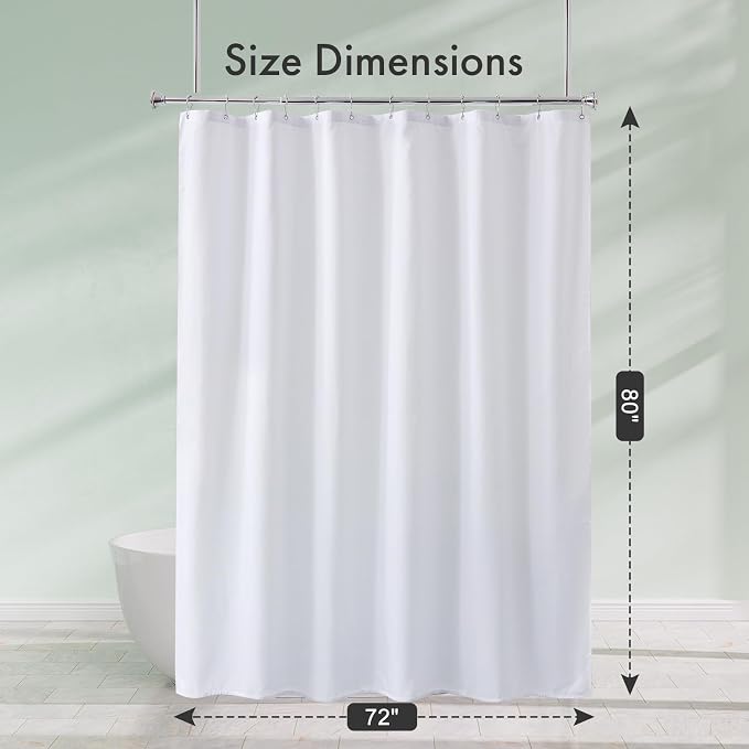 Amazer Long Shower Curtain Liner Washable 72x80 Inches, White Shower Liner Fabric with 2 Bottom Stones, Waterproof 2-in-1 Shower Curtain and Liner, 12 Grommet Holes, 120 GSM, White