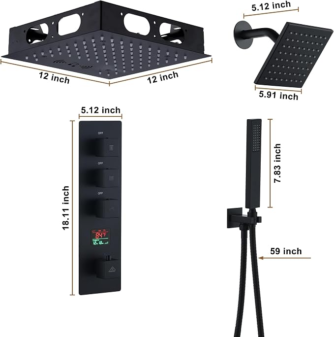 CASAINC Thermostatic Shower System 12" Ceiling-Mounted Rain Shower Head with 6" Shower Head, Smart Shower System with Handheld Spray, LED Light & Music, Water Temperature Display (Matte Black)