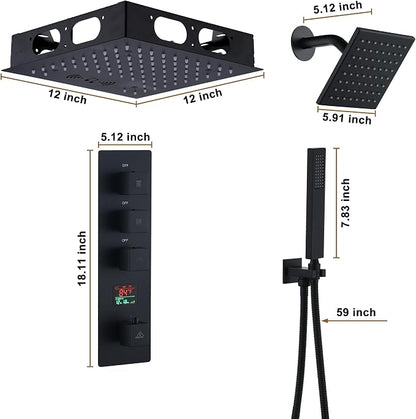 CASAINC Thermostatic Shower System 12" Ceiling-Mounted Rain Shower Head with 6" Shower Head, Smart Shower System with Handheld Spray, LED Light & Music, Water Temperature Display (Matte Black)