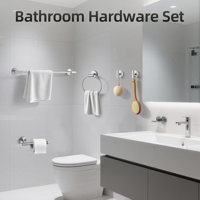 Brushed Nickel Bathroom Hardware Set 10 PCS, Towel Bar Set Brushed Nickel, Bathroom Accessories Fixtures Stainless Steel, Towel Racks for Bathroom, Bathroom Towel Holders, Towel Hooks & Rings, 19in
