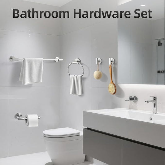 Brushed Nickel Bathroom Hardware Set 5 PCS, Towel Bar Set Brushed Nickel, Bathroom Accessories Fixtures Stainless Steel, Towel Racks for Bathroom, Bathroom Towel Holders, Towel Hooks & Rings, 19in