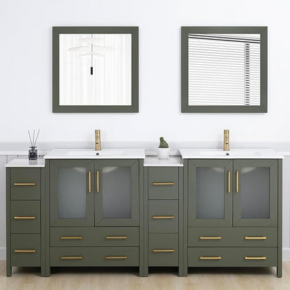 Vanity Art 84 Inch Under Mount Double Sink Bathroom Vanity Cabinet with 2 Mirrors, Ceramic Top Bathroom Cabinet Compact Set with 10 Dovetail Storage Drawers and Golden Brushed Handles, VA3030-84-VG