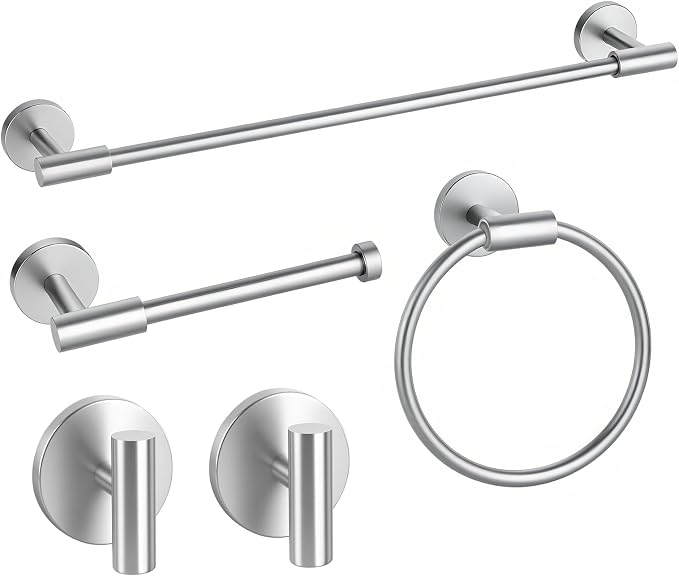 Brushed Nickel Bathroom Hardware Set 5 PCS, Towel Bar Set Brushed Nickel, Bathroom Accessories Fixtures Stainless Steel, Towel Racks for Bathroom, Bathroom Towel Holders, Towel Hooks & Rings, 19in