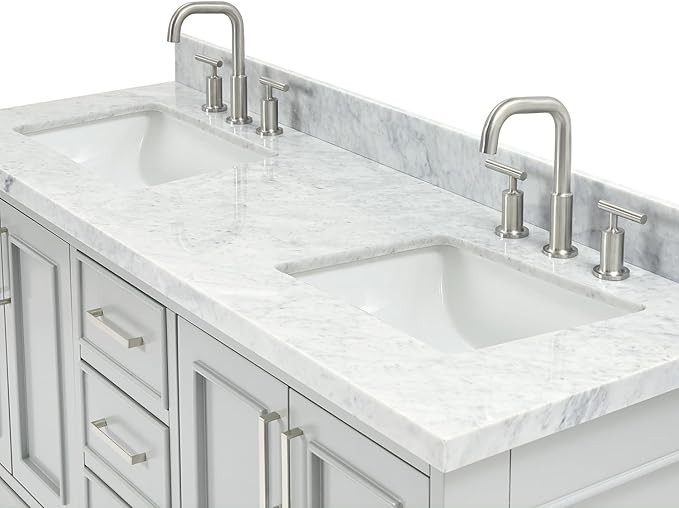 ARIEL Stafford 60-inch Bathroom Vanity with Sink,Solid Wood, 1.5-inch Italian Carrara Marble Countertop, Double Rectangular Porcelain Sink, 4 Soft Closing Doors, 6 Dovetail Drawers, Grey