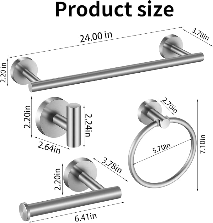 Brushed Nickel Bathroom Hardware Set, 24 Inch Towel Bar Set 10 Pieces Bathroom Accessories Set Includes Includes 2 Packs 24 Inch Towel Bar, Towel Ring, Toilet Holder and 4 Packs Towel Hooks