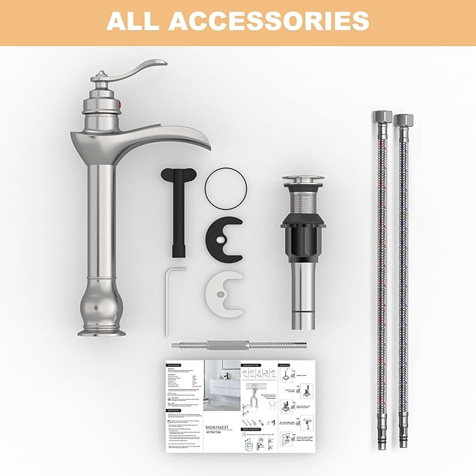 BWE Vessel Sink Faucet Waterfall Brushed Nickel with Pop Up Drain Assembly and Supply Hose Single-Handle Single Hole Bathroom Faucet Lavatory Mixer Tap Tall Body