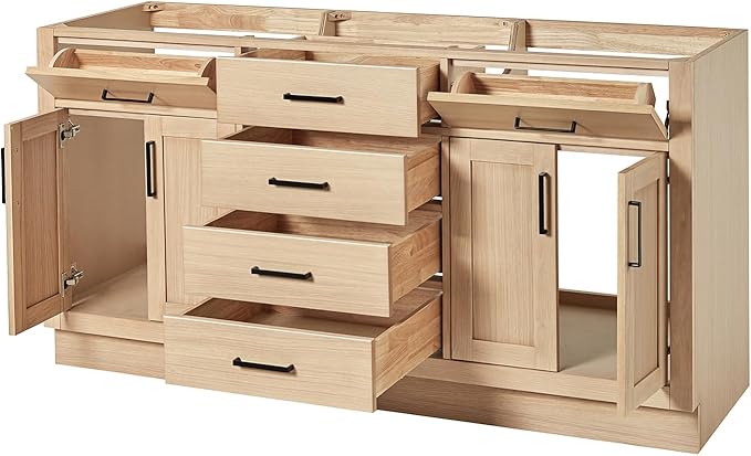 ARIEL Hepburn 66-inch Bathroom Vanity Base Cabinet,Solid Wood, 4 Soft Closing Doors, 6 Dovetail Drawers, White Oak