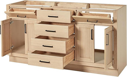 ARIEL Hepburn 66-inch Bathroom Vanity Base Cabinet,Solid Wood, 4 Soft Closing Doors, 6 Dovetail Drawers, White Oak