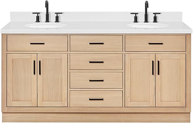 ARIEL Hepburn 72-inch Bathroom Vanity with Sink,Solid Wood, 1.5-inch Carrara White Quartz Countertop & Backsplash, Double Oval Porcelain Sink, 4 Soft Closing Doors, 6 Dovetail Drawers, White Oak
