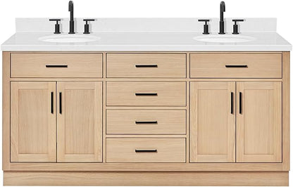 ARIEL Hepburn 72-inch Bathroom Vanity with Sink,Solid Wood, 1.5-inch Carrara White Quartz Countertop & Backsplash, Double Oval Porcelain Sink, 4 Soft Closing Doors, 6 Dovetail Drawers, White Oak