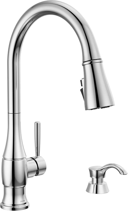 Delta Hazelwood Chrome Kitchen Faucet with Pull Down Sprayer and Soap Dispenser, Modern Single Hole Kitchen Sink Faucet, Single Handle, Chrome 19831Z-SD-DST