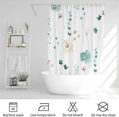 Teal Beige Watercolor Floral Fabric Shower Curtain, 72x78 | Waterproof Fabric, Modern Minimalist Floral Print, Machine Washable, Rustproof Grommets, Fade Resistant, for Bath Home