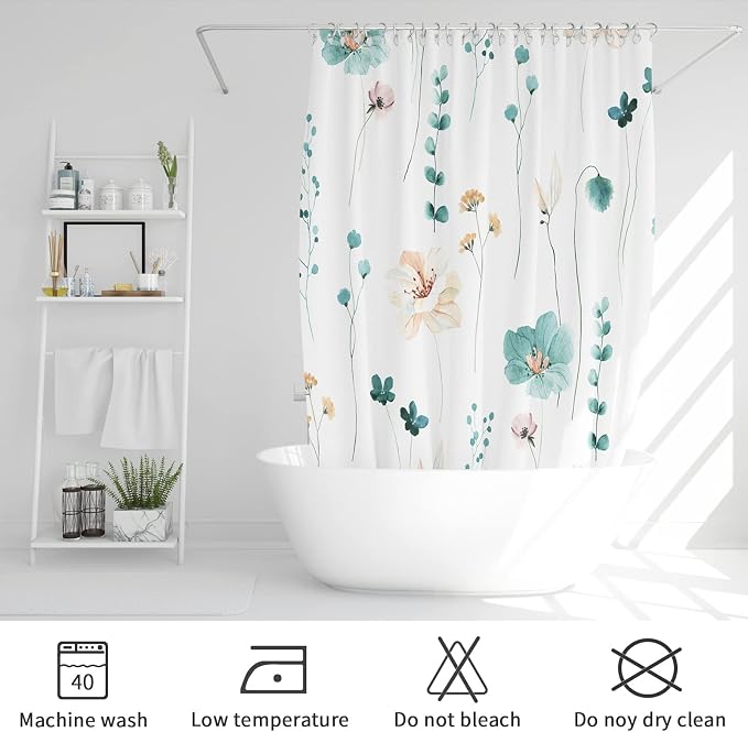 Teal Beige Watercolor Floral Fabric Shower Curtain, 36x72 | Waterproof Fabric, Modern Minimalist Floral Print, Machine Washable, Rustproof Grommets, for Bath Home, Small Stall