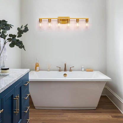 Gold 6 Light Bathroom Vanity Light Brush Gold Bathroom Light Fixtures Brass Vanity Lights for Bathrrom Large Wall Sconce with Clear Glass Shade E26 Socket