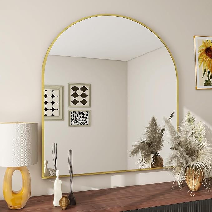 BEAUTYPEAK 32"x34" Arch Bathroom Wall Mirror, Gold | Wall Mounted Vanity Metal Frame Mirror for Bedroom, Entryway, Living Room, Fireplace