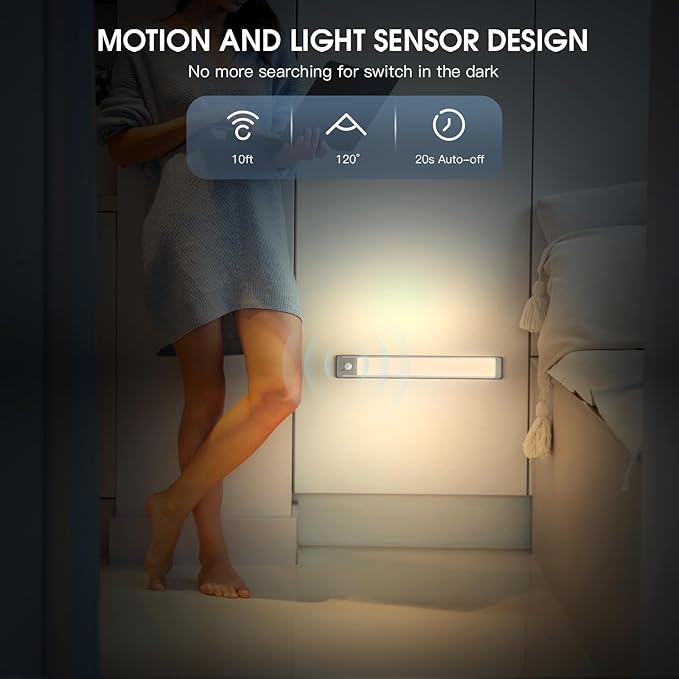 MCGOR 14.7inch Under Cabinet Lighting, 2 Pack Rechargeable Motion Sensor Light Indoor, 5 Levels Dimmable Magnetic Closet Lights, Wireless Under Counter Lights for Kitchen, Stairs,Hallway