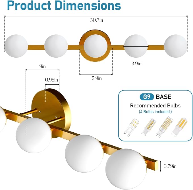 Lightdot 5 Light Bathroom Vanity Light, 31" Modern Gold Vanity Lights with Globe Water/Shatterproof PC Lampshade, Rust-Proof Bathroom Light Fixtures Over Mirror for Kitchen Hallway Cabinet Porch