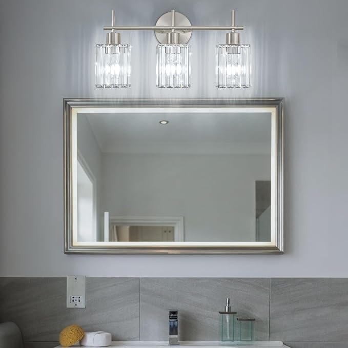 Brushed Nickel Bathroom Light Fixtures, Square, 3-Light | Vanity Lights with Crystal Shades, Modern Bathroom Lighting Fixtures over Mirror (Bulbs Not Included, E26)