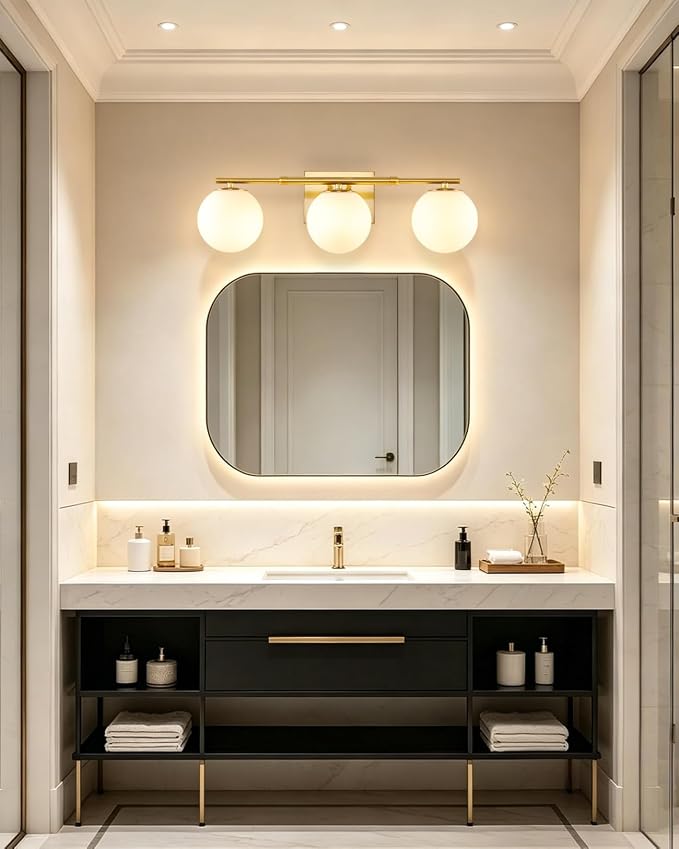 Bathroom Vanity Light Brushed Brass 3T Wall Sconce for Mirror | Modern fixture Globe Glass Shade brightness, elivers even brightness. Sturdy metal resists rust. Dresser Bathroom over Mirror