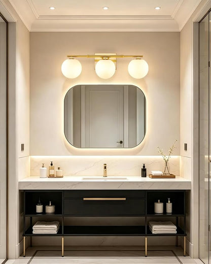 Bathroom Vanity Light Brushed Brass 3T Wall Sconce for Mirror | Modern fixture Globe Glass Shade brightness, elivers even brightness. Sturdy metal resists rust. Dresser Bathroom over Mirror