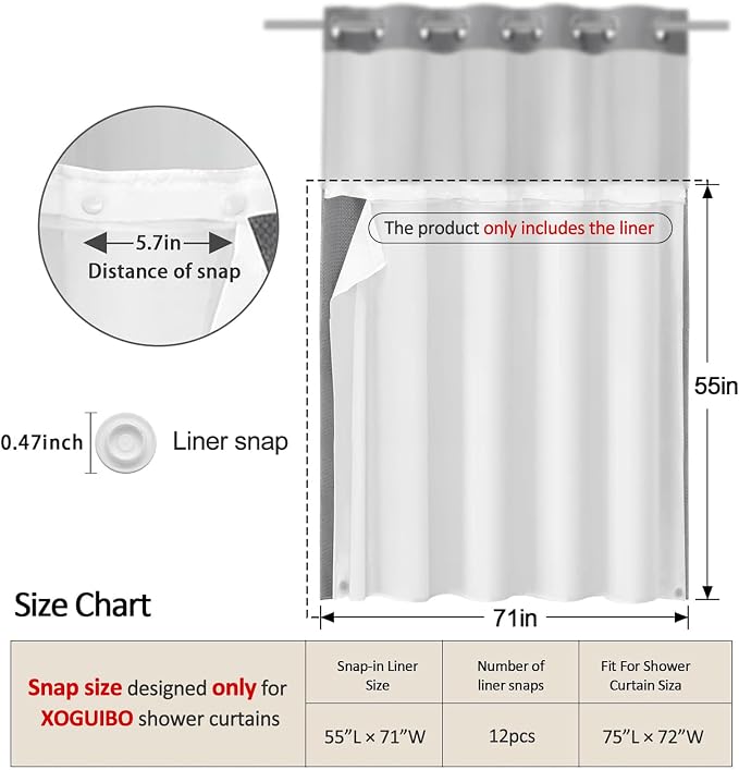 No Hook Shower Curtain Snap-in Fabric Replacement Liner 71" W x 55" L | Washable Snap in Fabric Liner