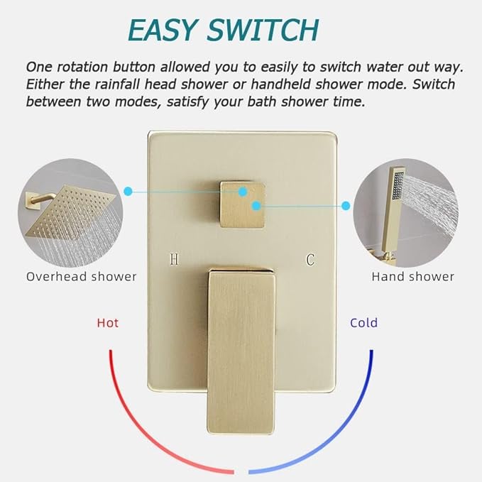 Brushed Gold Shower System 6 Inch Bathroom Luxury Rain Mixer Shower Combo Set Wall Mounted Rainfall Shower Head and Handheld System Shower Faucet Set Rough-in Valve Body and Trim Kit