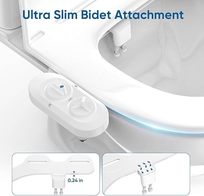 Filtered Bidet Attachment for Toilet Seat, Suitable for Most Toilet Tank, Ultra-Slim Non-Electric Bidet Sprayer，Adjustable Water Pressure，Dual Nozzle Front/Rear Cleaning (White)