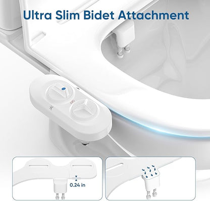 Filtered Bidet Attachment for Toilet Seat, Suitable for Most Toilet Tank, Ultra-Slim Non-Electric Bidet Sprayer，Adjustable Water Pressure，Dual Nozzle Front/Rear Cleaning (White)