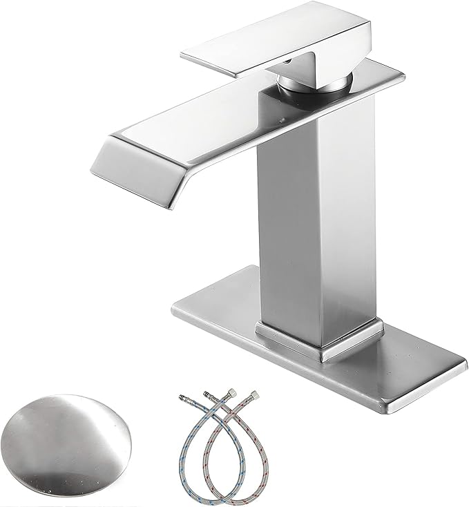 Bathroom Faucet Brushed Nickel Waterfall with Pop Up Drain Overflow Stopper Single Hole Vanity Sink Bath Lavatory One Handle Basin Mixer Tap with Supply Line Commercial Deck Mount