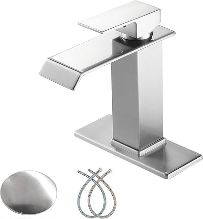 Bathroom Faucet Brushed Nickel Waterfall with Pop Up Drain Overflow Stopper Single Hole Vanity Sink Bath Lavatory One Handle Basin Mixer Tap with Supply Line Commercial Deck Mount
