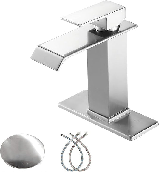 Bathroom Faucet Brushed Nickel Waterfall with Pop Up Drain Overflow Stopper Single Hole Vanity Sink Bath Lavatory One Handle Basin Mixer Tap with Supply Line Commercial Deck Mount