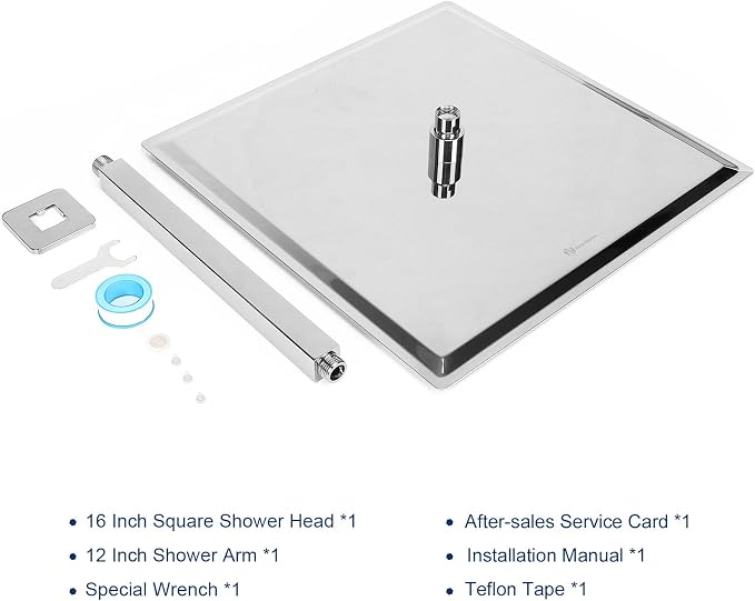 NearMoon Rain Shower Head With Shower Arm, Ceiling Mount Square Shower, Stainless Steel Ceiling Rainfall Showerhead- Waterfall Full Body Coverage (16 Inch, Chrome Finish)