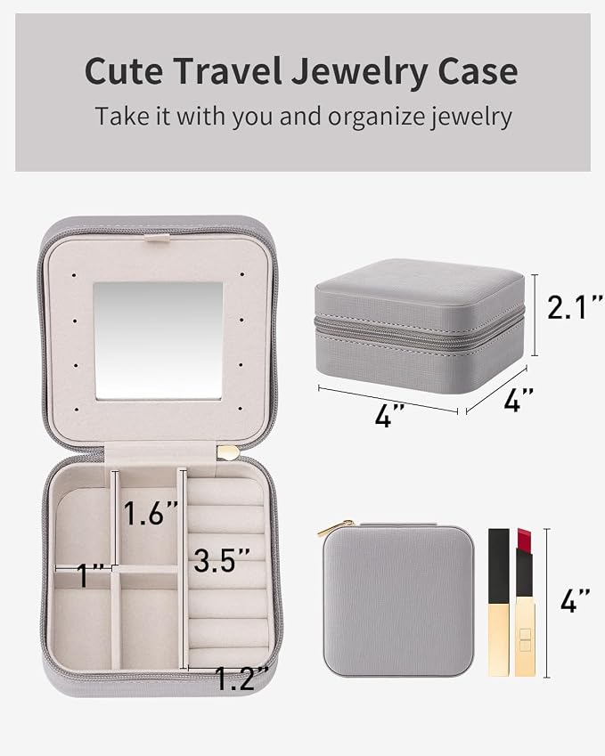 VLANDO Travel Jewelry Case with Mirror, Storage 3 Pairs of Stud Earrings | Necklace Hook for Anti-tangle, Removable Dividers, Waterproof PU Leather,Portable Storage for Rings, Necklace Gifts for Women