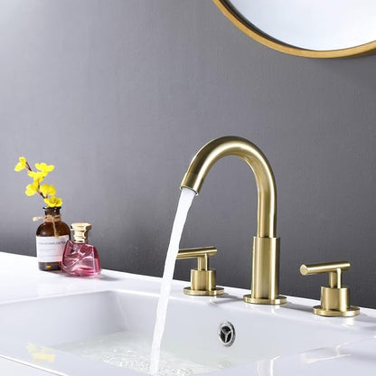 RBROHANT Brushed Gold Widespread Bathroom Faucet 8 Inch Brass Bathroom Faucets for Sink 3 Hole, 2 Handle, 360 Degree Swivel Spout, Deck Mounted, RB0926