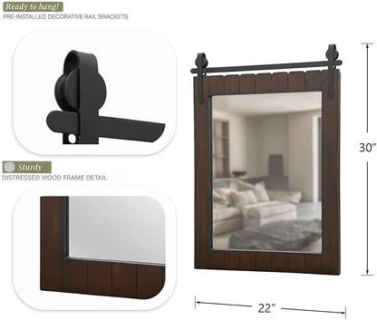 Besdomus Rustic Bathroom Farmhouse Mirror: 22"x30" Dark Brown Barn Door Solid Cedar Wood Frame Vanity Mirror - Wall Mounted Mirror for Hallway/Living Room/Bathroom - Rustic Decor for Fashion-Conscious