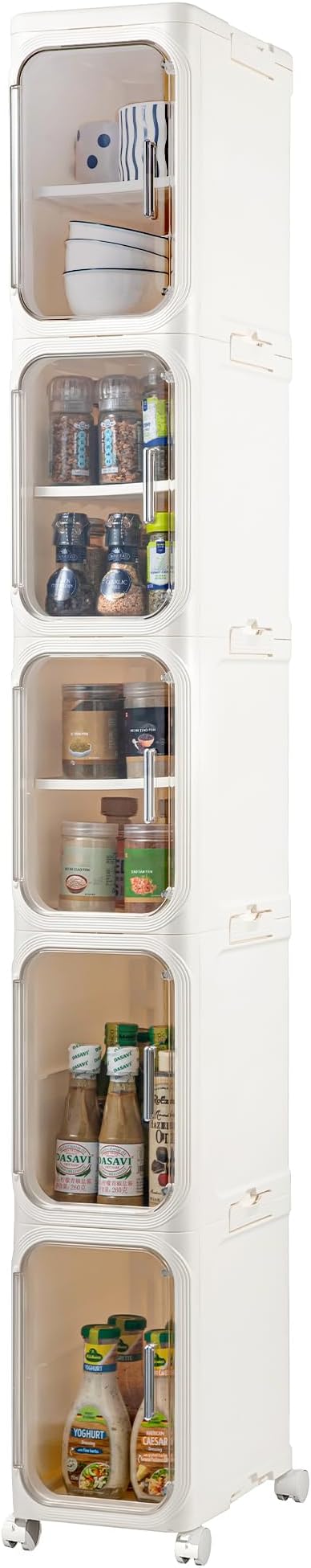 5-Tier Narrow Storage Cabinet Slim Bathroom Tall Skinny Organizer，Beige | Foldable Storage Cabinet with Lockable Rolling Wheels Magnetic Clear Door Adjustable Detachable Shelves For Narrow Space