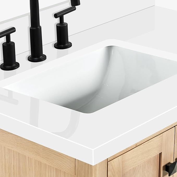 ARIEL 37 inch Bathroom Vanity top with Sink, 1.5 Inch Thick Miter Edge White Quartz top, Left Offset Vanity top with Rectangle Porcelain Sink, Includes Backsplash