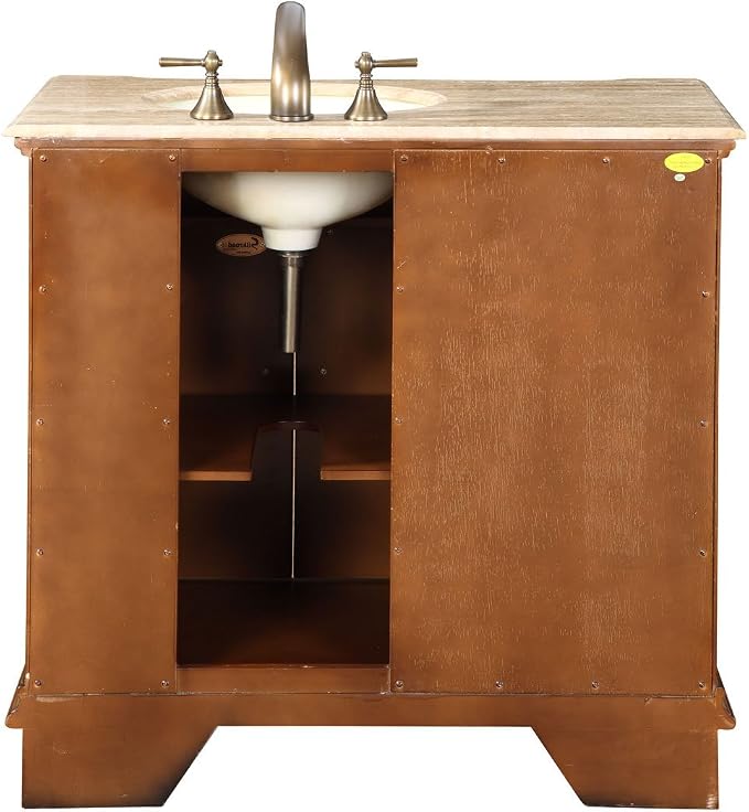 HYP-0904-T-UIC-38-R Travertine Top Off Center Single Right Side Sink Bathroom Vanity with Cabinet, 38"